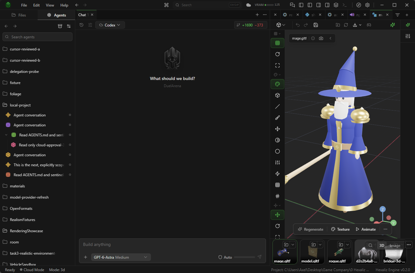 Hexaliz Agent focus with project conversations, Codex chat and a 3D character beside it