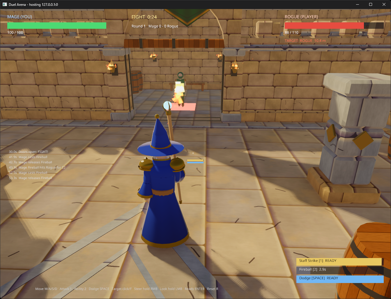 DuelArena gameplay: a Mage casting at a Rogue in the stone arena